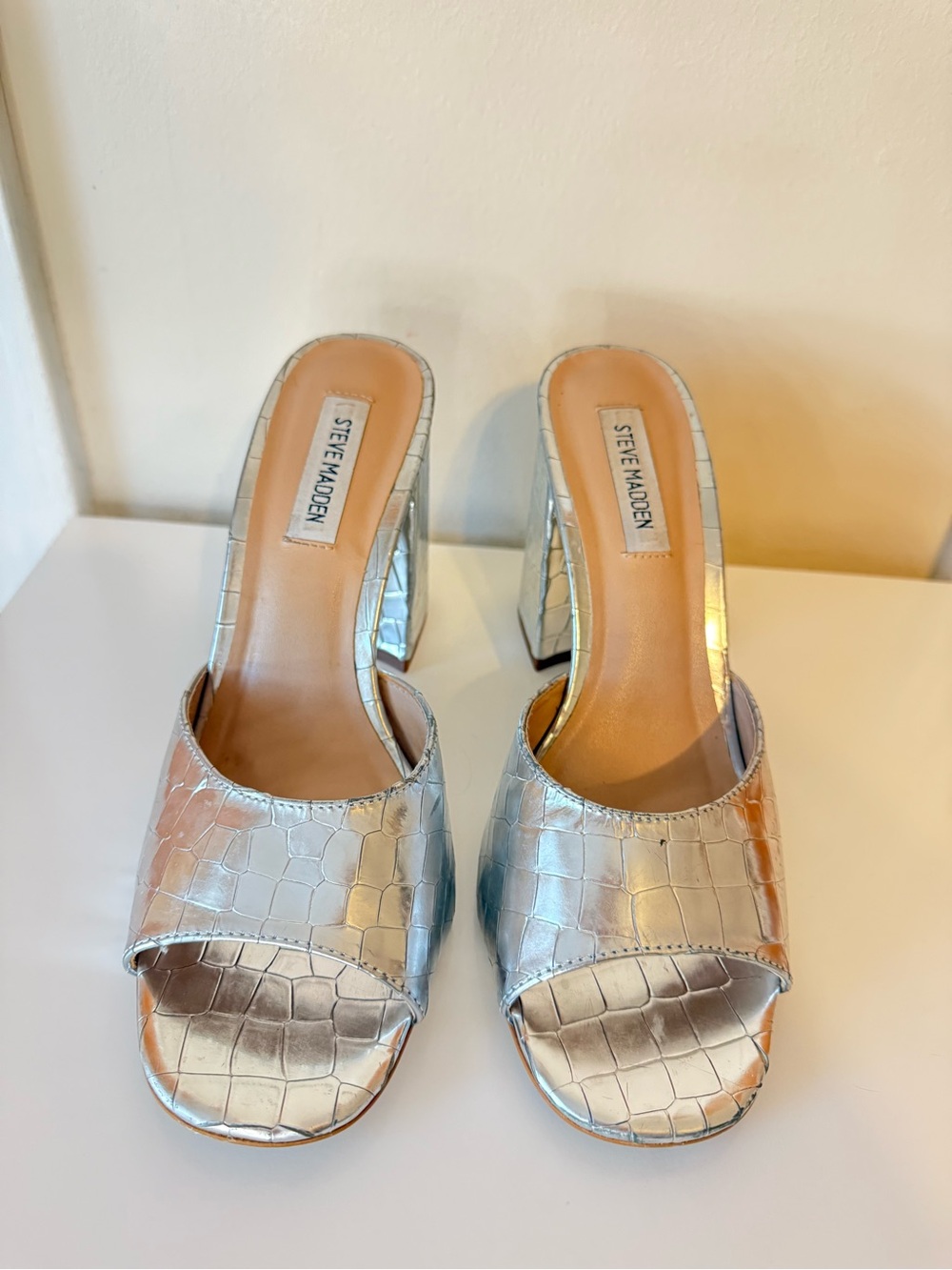 Steve Madden Alaya Metallic Silver Croc-Embossed Block Heel Mules